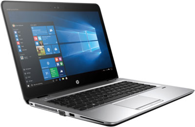 Front left-angle view of an opened Elitebook 840 G3, with screen showing Windows 10 home screen and start menu   